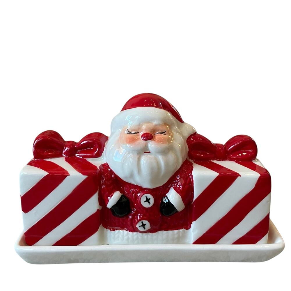 Santa Claus Butter Dish Hand Painted Ceramic Christmas Kitchen Dining Holiday